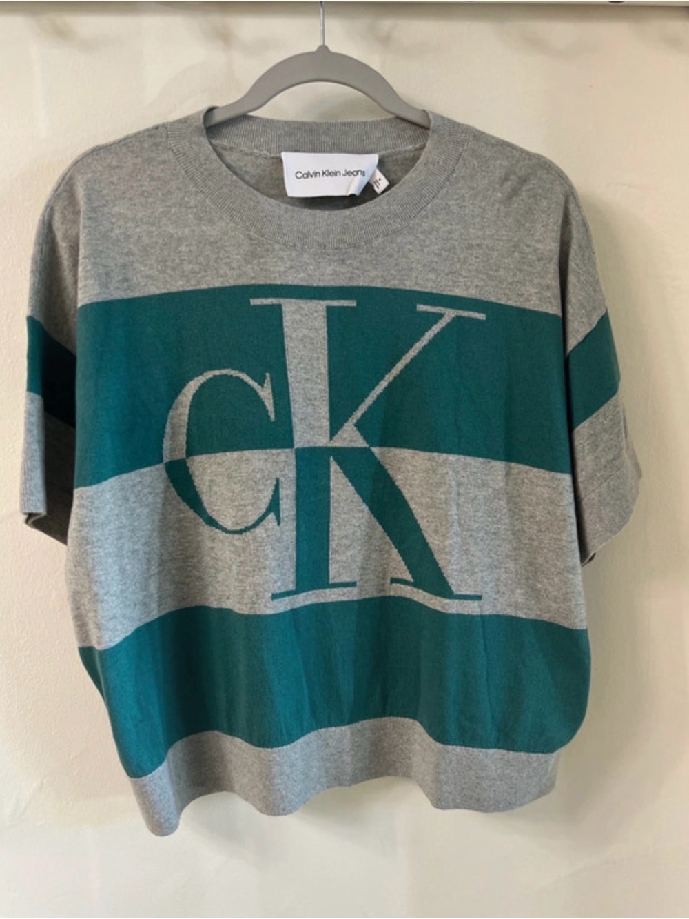 Calvin Klein Jeans Gray & Teal Striped CK Logo Sweater